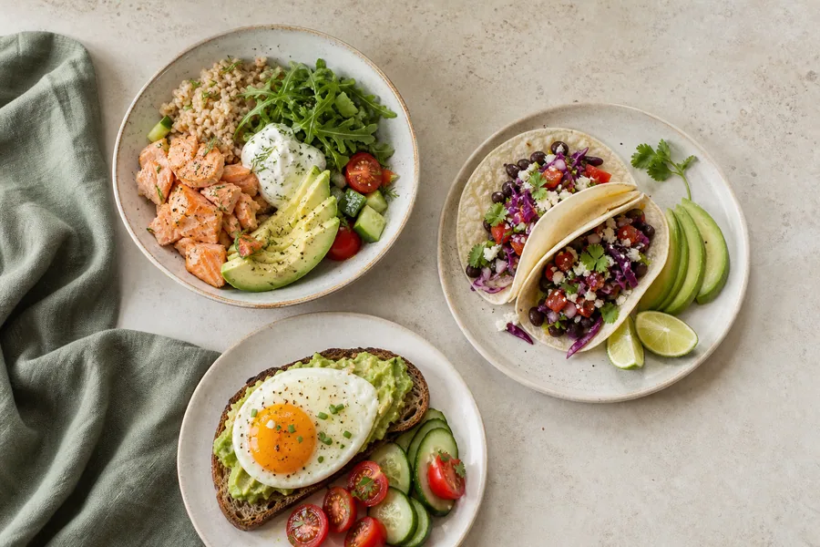 Salmon bowl, bean tacos and avocado egg toast served as balanced meal examples
