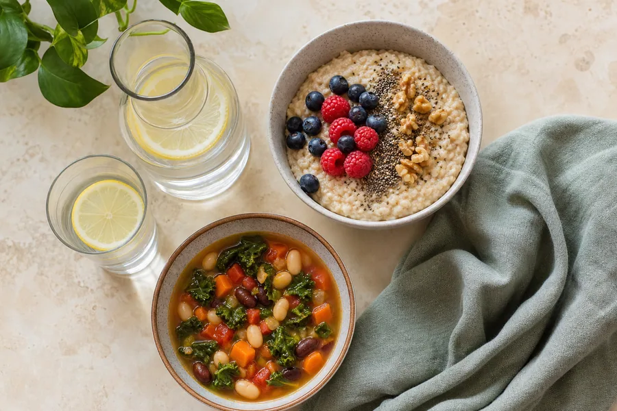 Berry chia oatmeal, bean vegetable soup and lemon water