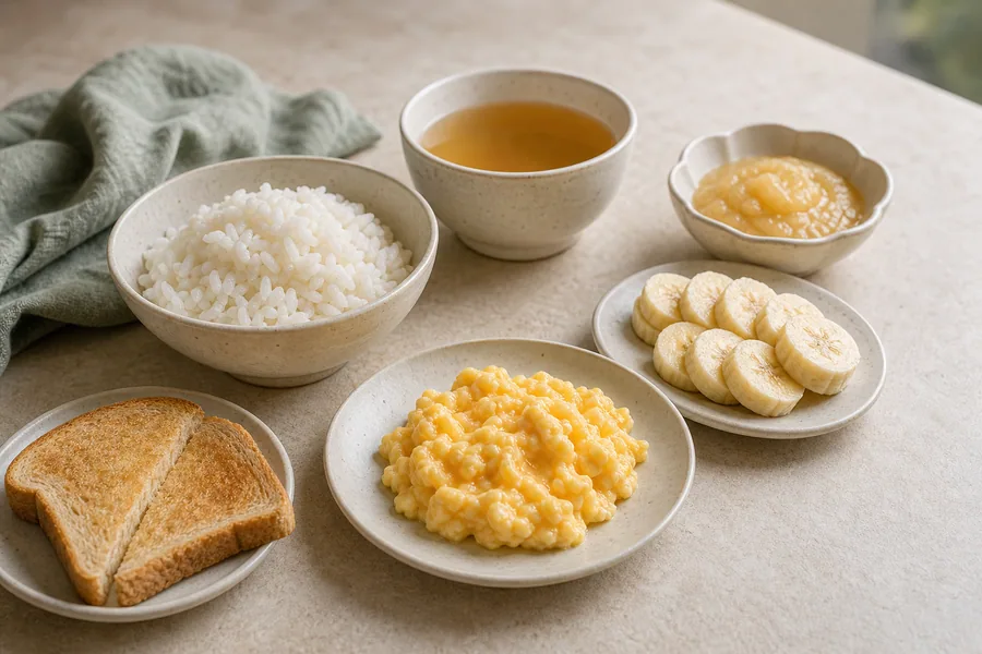 Rice, scrambled eggs, toast, banana, applesauce and warm tea in small portions