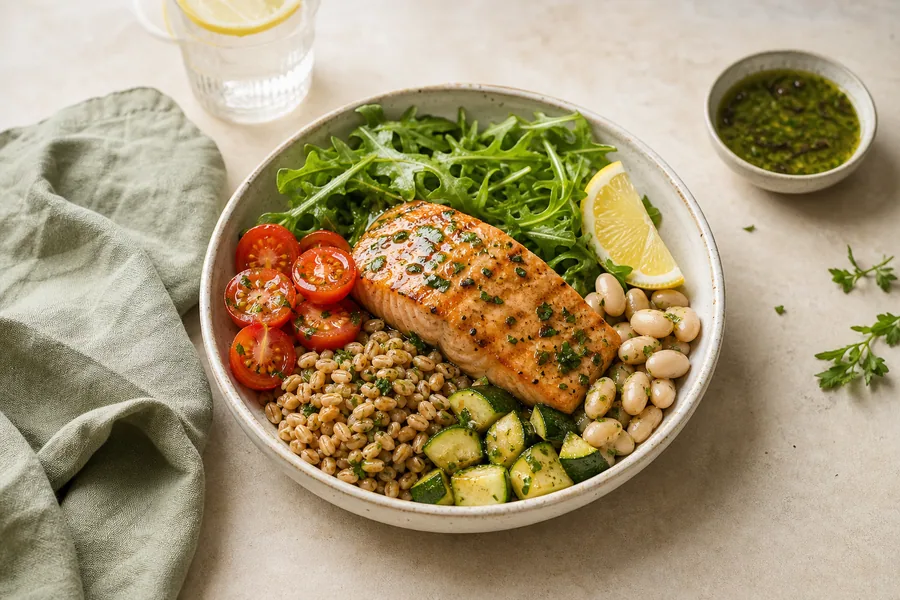 Salmon, farro, white beans, zucchini, tomatoes and greens in a ceramic bowl