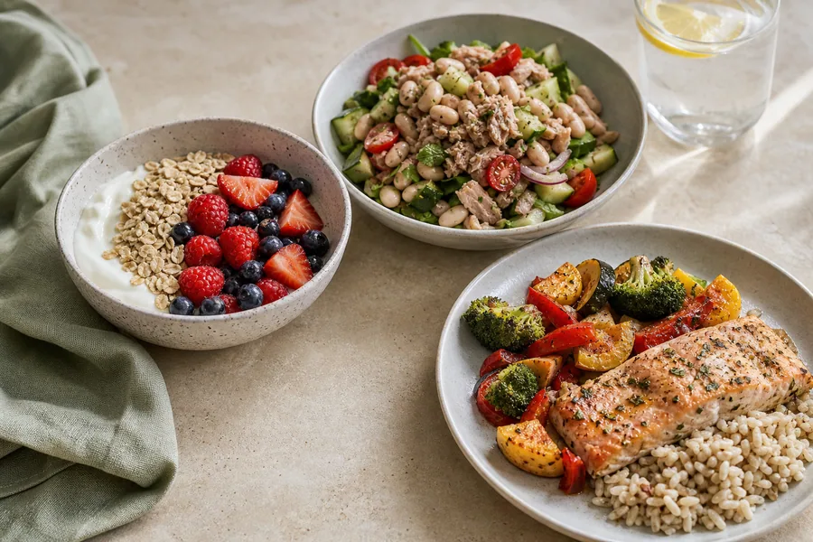 Berry yogurt oats, tuna bean salad and salmon with vegetables and brown rice