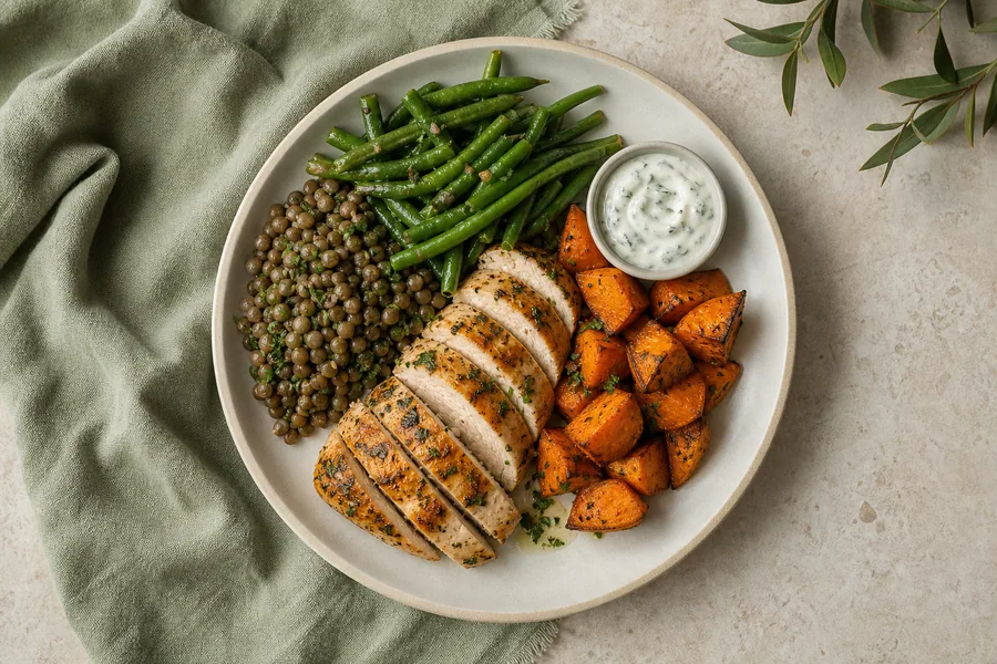 Herb chicken, lentils, sweet potatoes, green beans and yogurt sauce