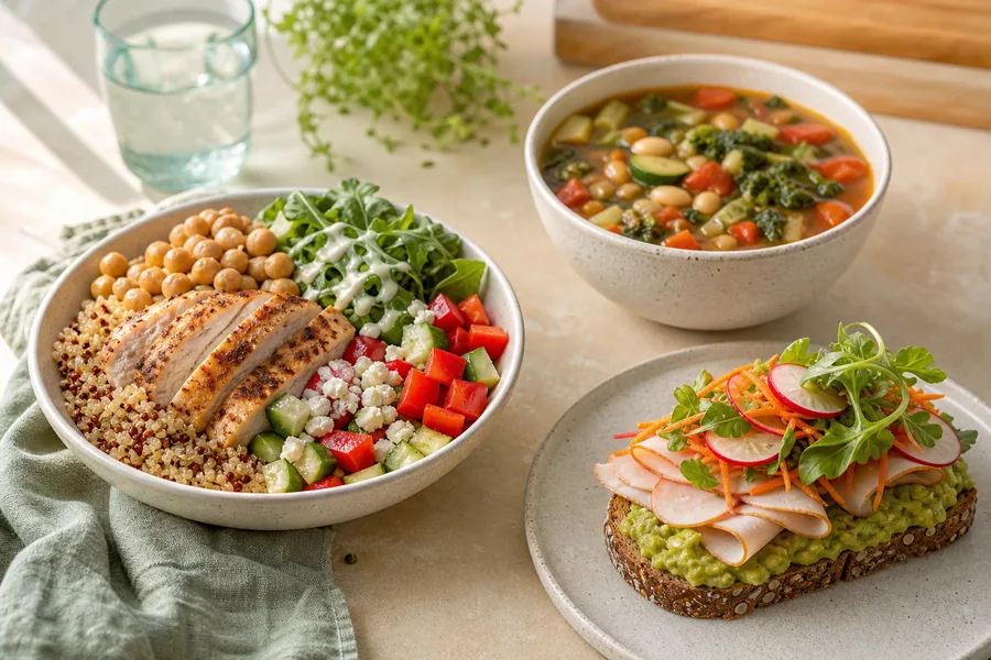 Chicken grain bowl, vegetable soup and turkey avocado toast